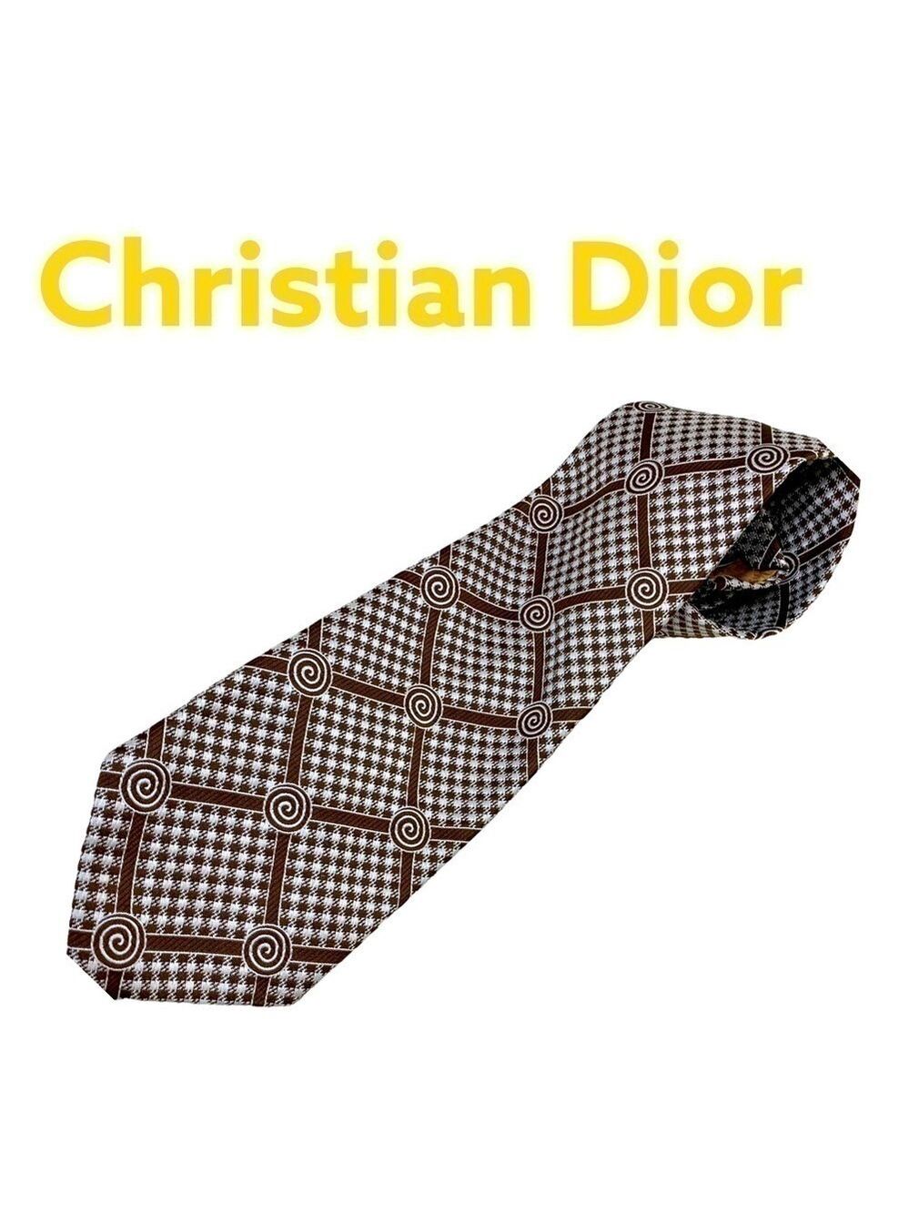 𝅺christan Dior Vintage Trendy Brown & White Novelty Print Neck Tie Retro